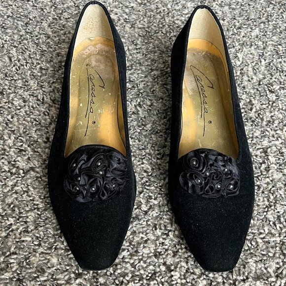 Vintage Velvet Kitten Heel Shoes Womens 8.5 Embellished Rose Coquette Whimsigoth - Picture 4 of 8